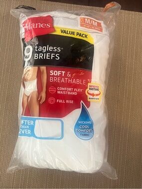 Hanes White 9-Pack Tagless Briefs Value Pack  classic medium unopened pack